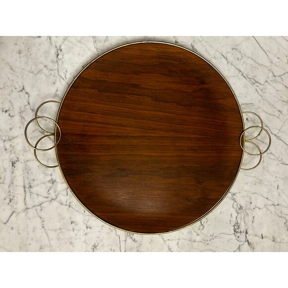 Vintage Brass and Bent Wood Teak Handled Large Serving Decorative Tray MCM 18" - Picture 2 of 11